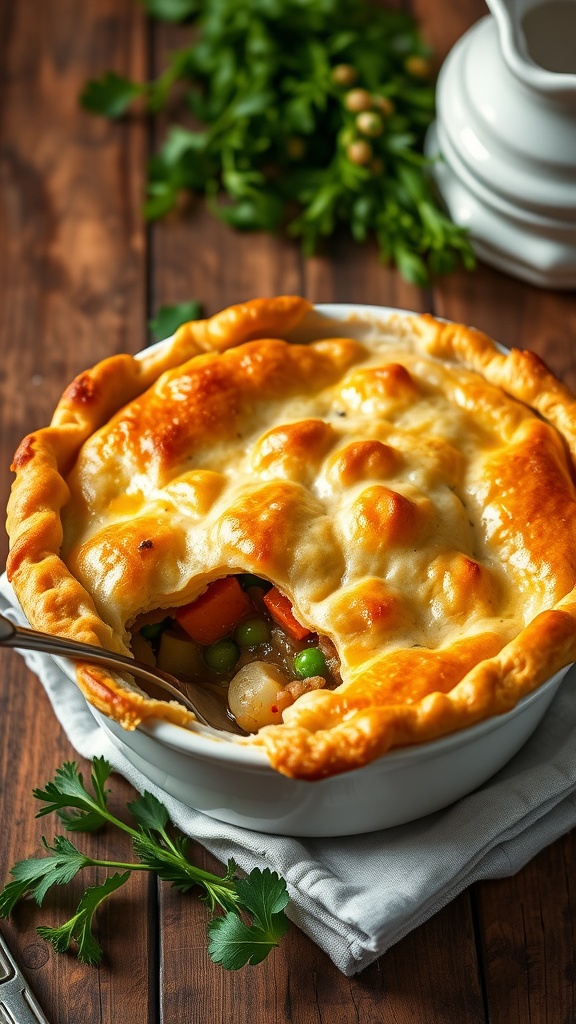 A golden vegan pot pie filled with colorful vegetables on a rustic wooden table.